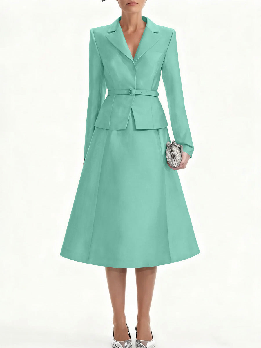 A-Line/Princess V-Neck Mother of Bride Dresss Blazer Long Sleeves Tea-Length Belt Satin