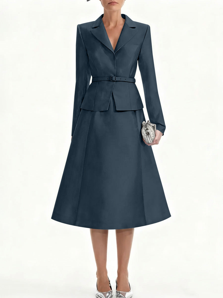 A-Line/Princess V-Neck Mother of Bride Dresss Blazer Long Sleeves Tea-Length Belt Satin