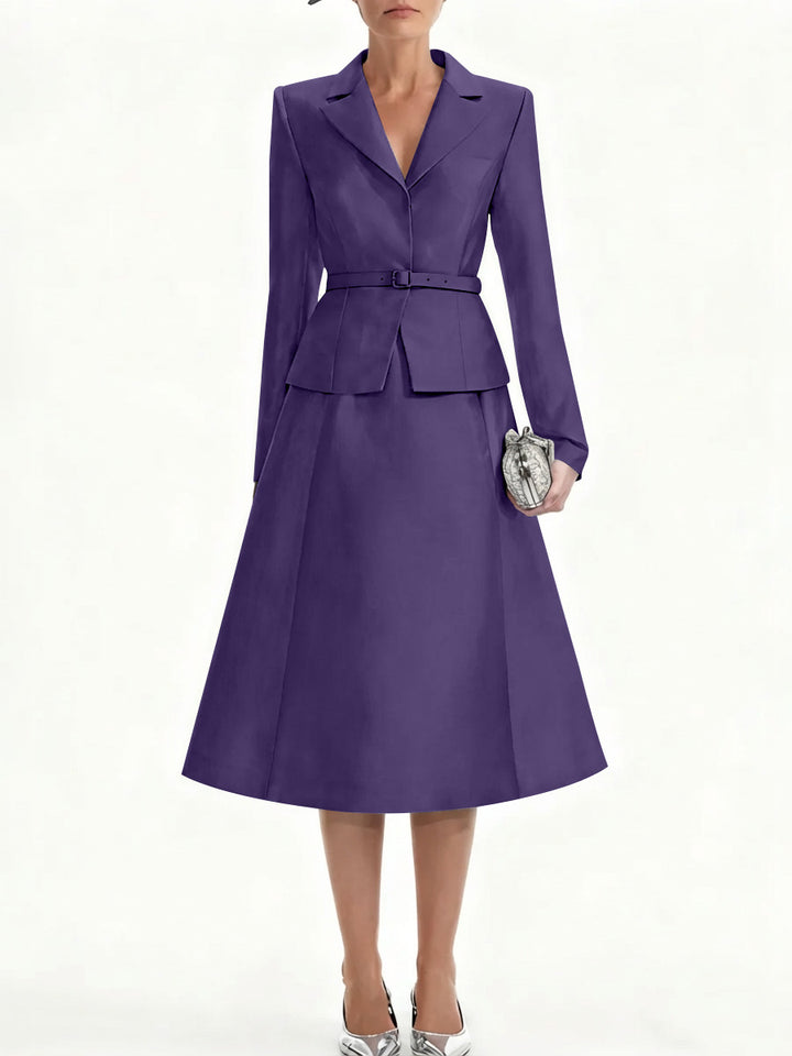 A-Line/Princess V-Neck Mother of Bride Dresss Blazer Long Sleeves Tea-Length Belt Satin