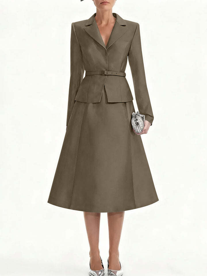 A-Line/Princess V-Neck Mother of Bride Dresss Blazer Long Sleeves Tea-Length Belt Satin