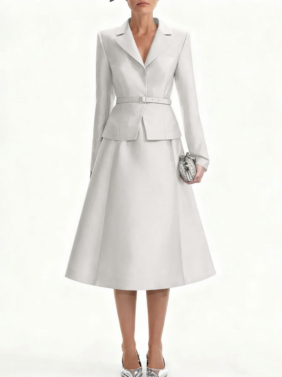 A-Line/Princess V-Neck Mother of Bride Dresss Blazer Long Sleeves Tea-Length Belt Satin