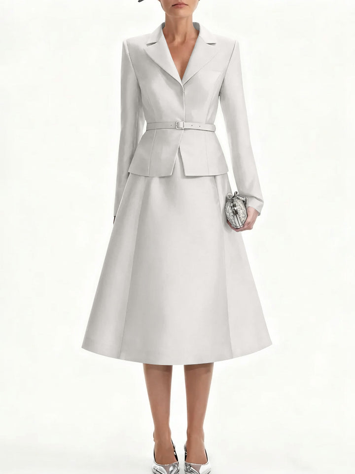 A-Line/Princess V-Neck Mother of Bride Dresss Blazer Long Sleeves Tea-Length Belt Satin