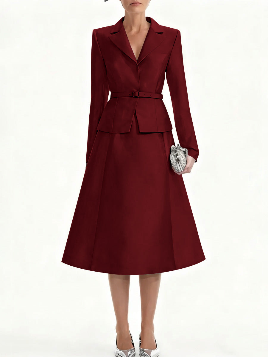 A-Line/Princess V-Neck Mother of Bride Dresss Blazer Long Sleeves Tea-Length Belt Satin