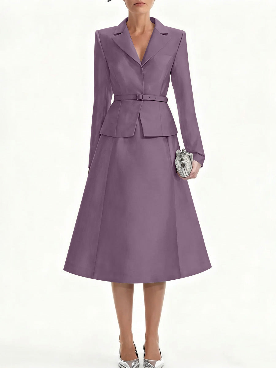 A-Line/Princess V-Neck Mother of Bride Dresss Blazer Long Sleeves Tea-Length Belt Satin