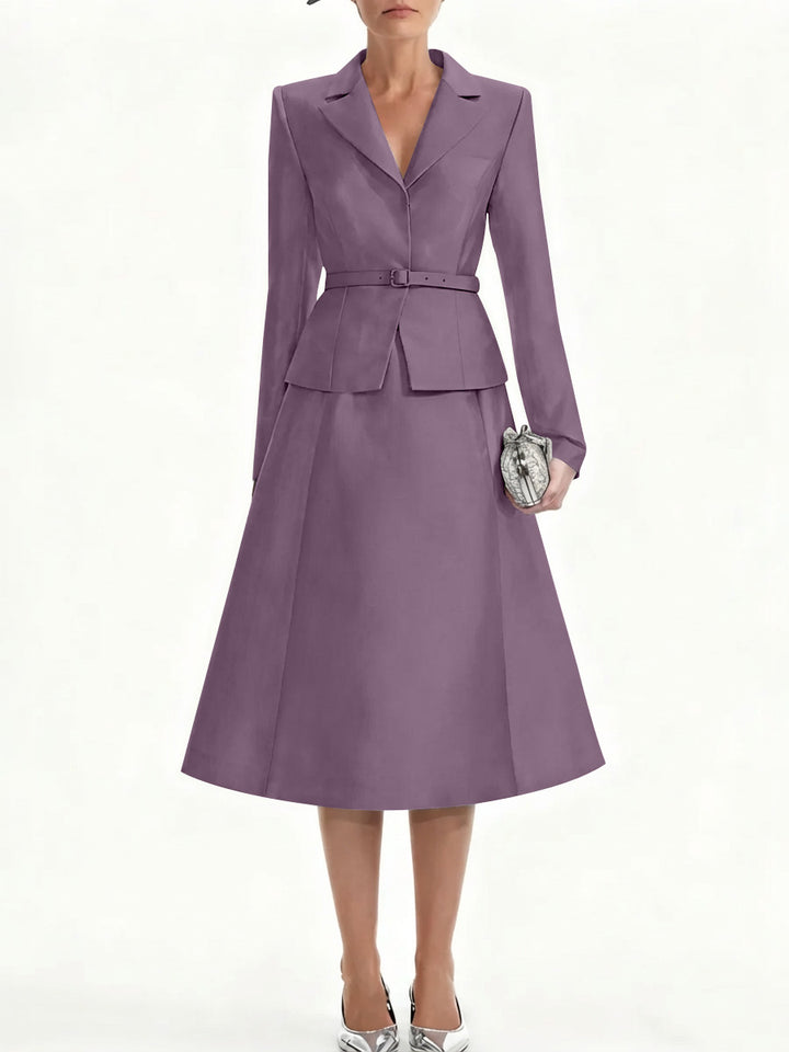 A-Line/Princess V-Neck Mother of Bride Dresss Blazer Long Sleeves Tea-Length Belt Satin