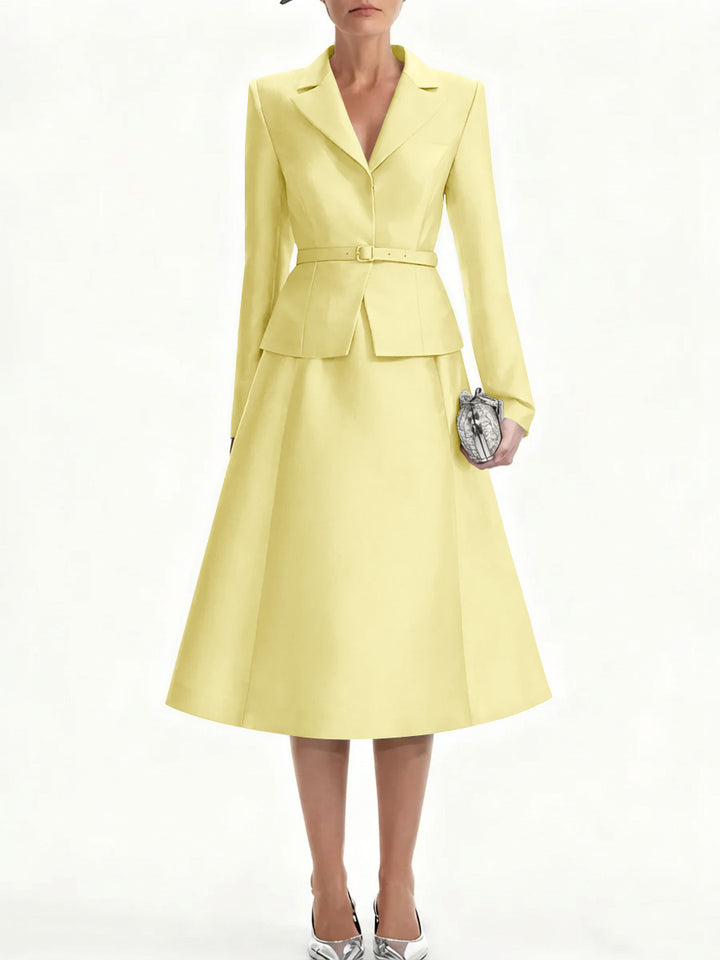 A-Line/Princess V-Neck Mother of Bride Dresss Blazer Long Sleeves Tea-Length Belt Satin
