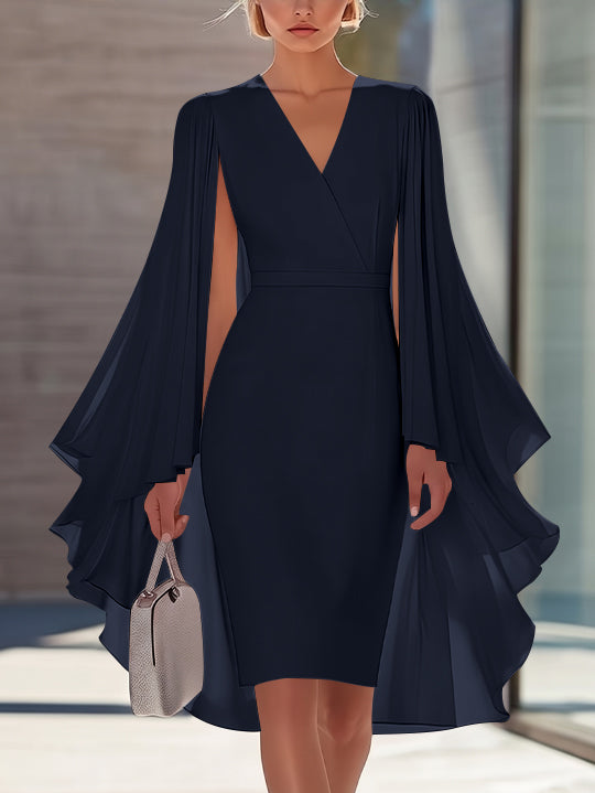 Sheath/Column V-Neck Chiffon Mother of the Bride Dresses Knee-Length Cape Sleeves Cocktail Dress