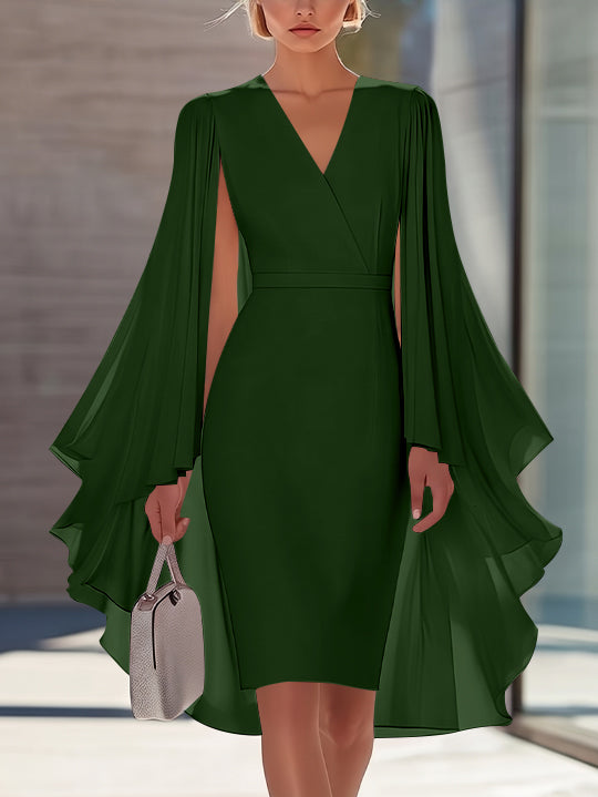 Sheath/Column V-Neck Chiffon Mother of the Bride Dresses Knee-Length Cape Sleeves Cocktail Dress