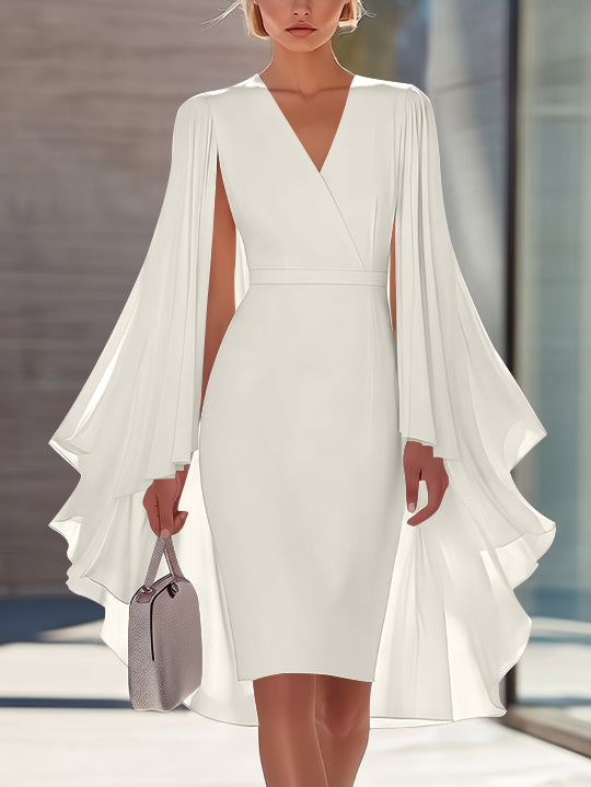 Sheath/Column V-Neck Chiffon Mother of the Bride Dresses Knee-Length Cape Sleeves Cocktail Dress