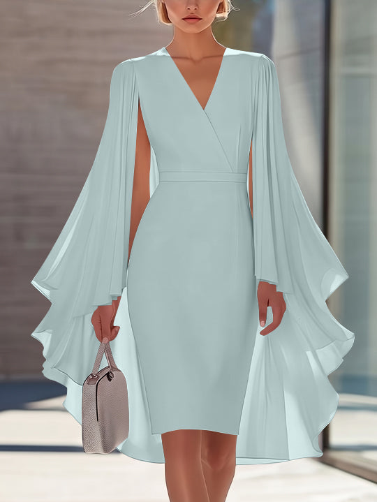 Sheath/Column V-Neck Chiffon Mother of the Bride Dresses Knee-Length Cape Sleeves Cocktail Dress