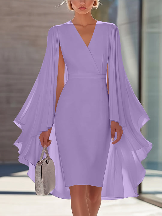 Sheath/Column V-Neck Chiffon Mother of the Bride Dresses Knee-Length Cape Sleeves Cocktail Dress