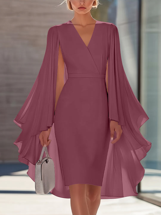 Sheath/Column V-Neck Chiffon Mother of the Bride Dresses Knee-Length Cape Sleeves Cocktail Dress