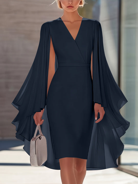 Sheath/Column V-Neck Chiffon Mother of the Bride Dresses Knee-Length Cape Sleeves Cocktail Dress