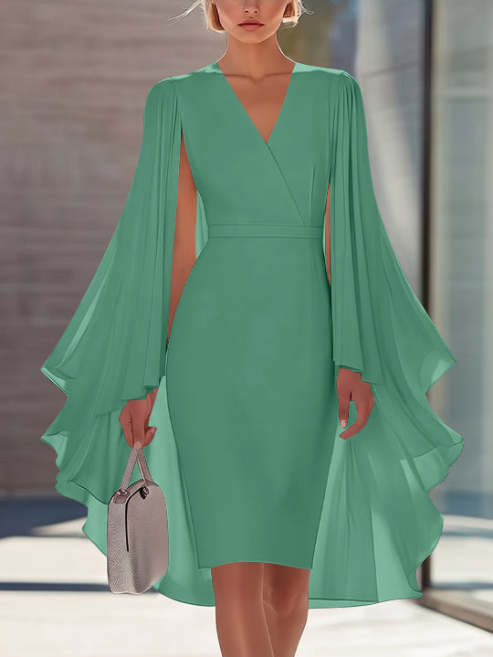 Sheath/Column V-Neck Chiffon Mother of the Bride Dresses Knee-Length Cape Sleeves Cocktail Dress