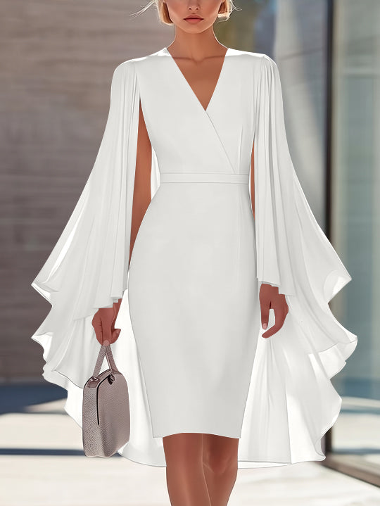 Sheath/Column V-Neck Chiffon Mother of the Bride Dresses Knee-Length Cape Sleeves Cocktail Dress
