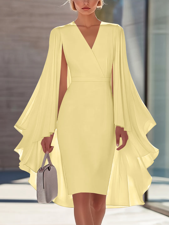 Sheath/Column V-Neck Chiffon Mother of the Bride Dresses Knee-Length Cape Sleeves Cocktail Dress