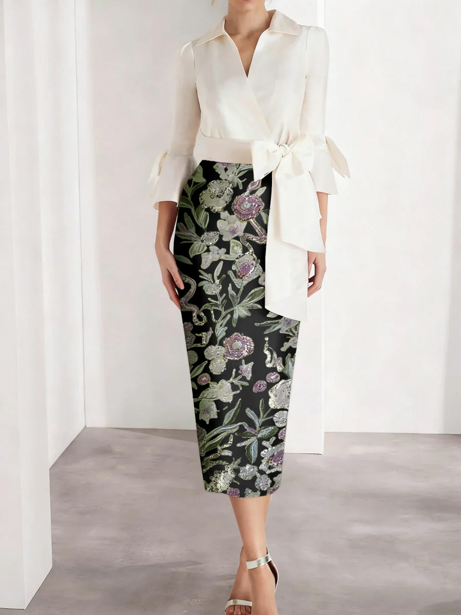 Sheath/Column V-Neck Satin Mother of the Bride Dresses 3/4 Sleeves Shirt Collar Floral Tea-Length Cocktail Dresses