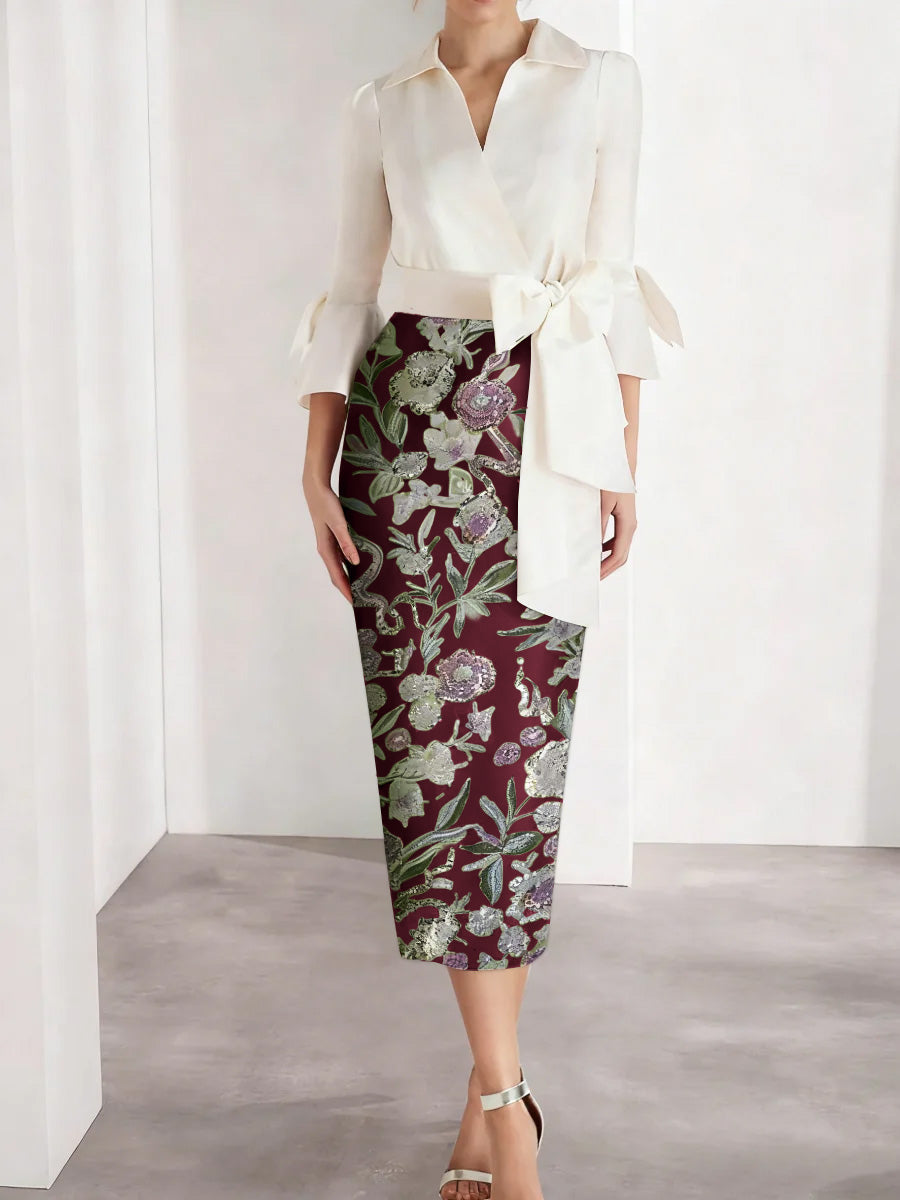 Sheath/Column V-Neck Satin Mother of the Bride Dresses 3/4 Sleeves Shirt Collar Floral Tea-Length Cocktail Dresses