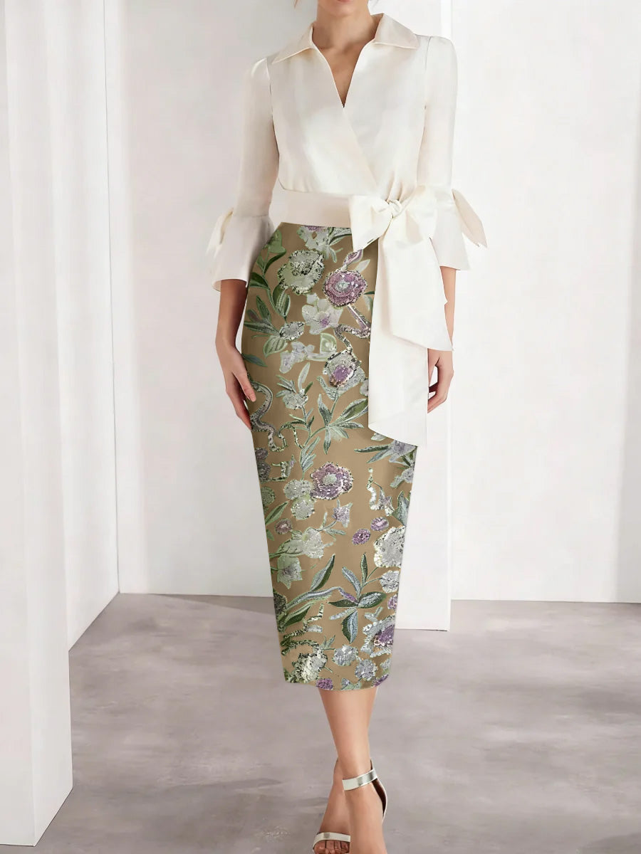 Sheath/Column V-Neck Satin Mother of the Bride Dresses 3/4 Sleeves Shirt Collar Floral Tea-Length Cocktail Dresses