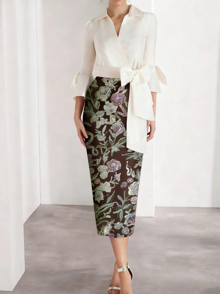 Sheath/Column V-Neck Satin Mother of the Bride Dresses 3/4 Sleeves Shirt Collar Tea-Length Cocktail Dresses