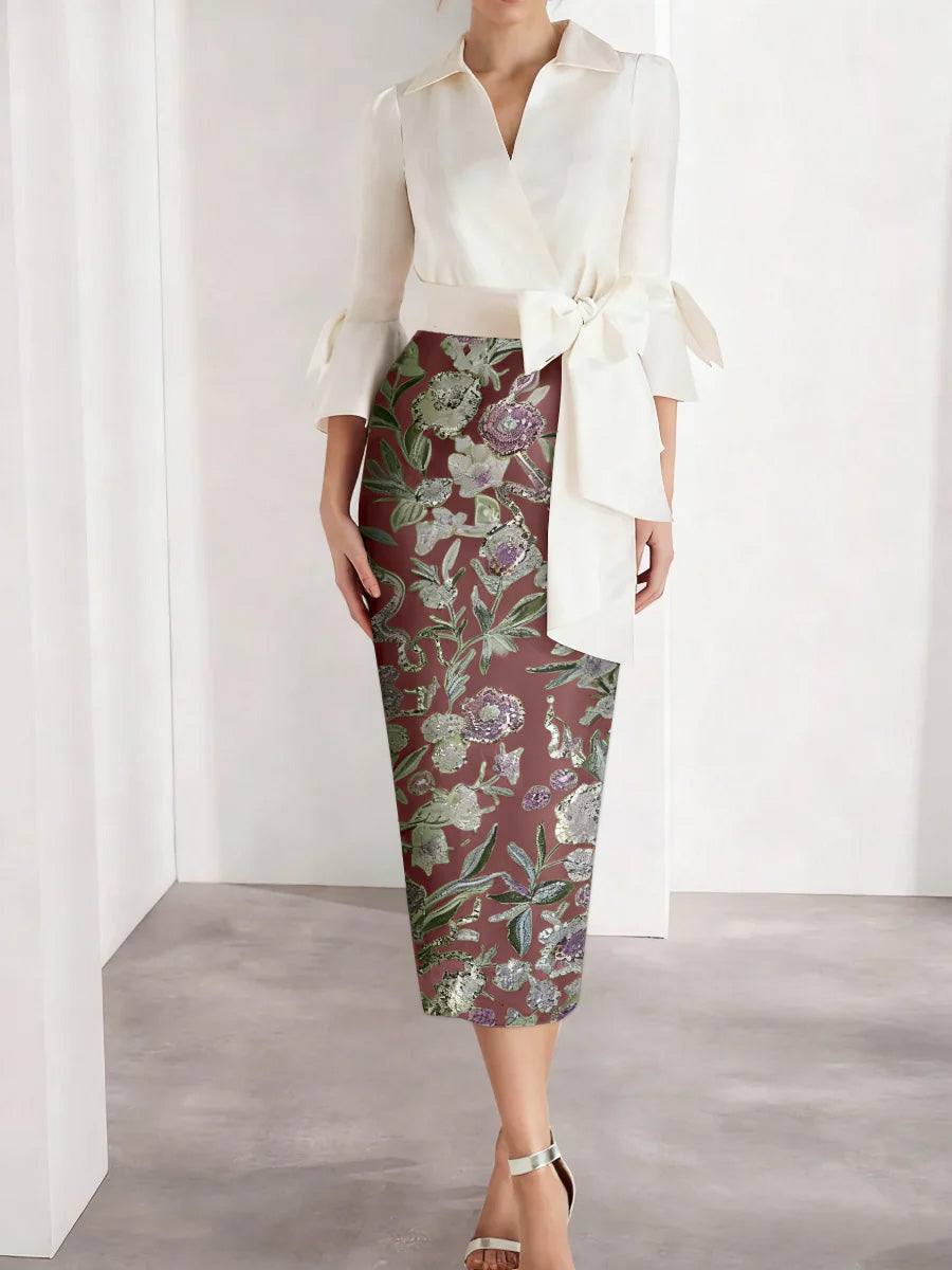 Sheath/Column V-Neck Satin Mother of the Bride Dresses 3/4 Sleeves Shirt Collar Tea-Length Cocktail Dresses