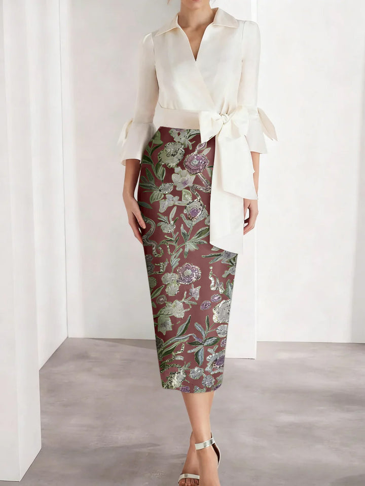 Sheath/Column V-Neck Satin Mother of the Bride Dresses 3/4 Sleeves Shirt Collar Tea-Length Cocktail Dresses