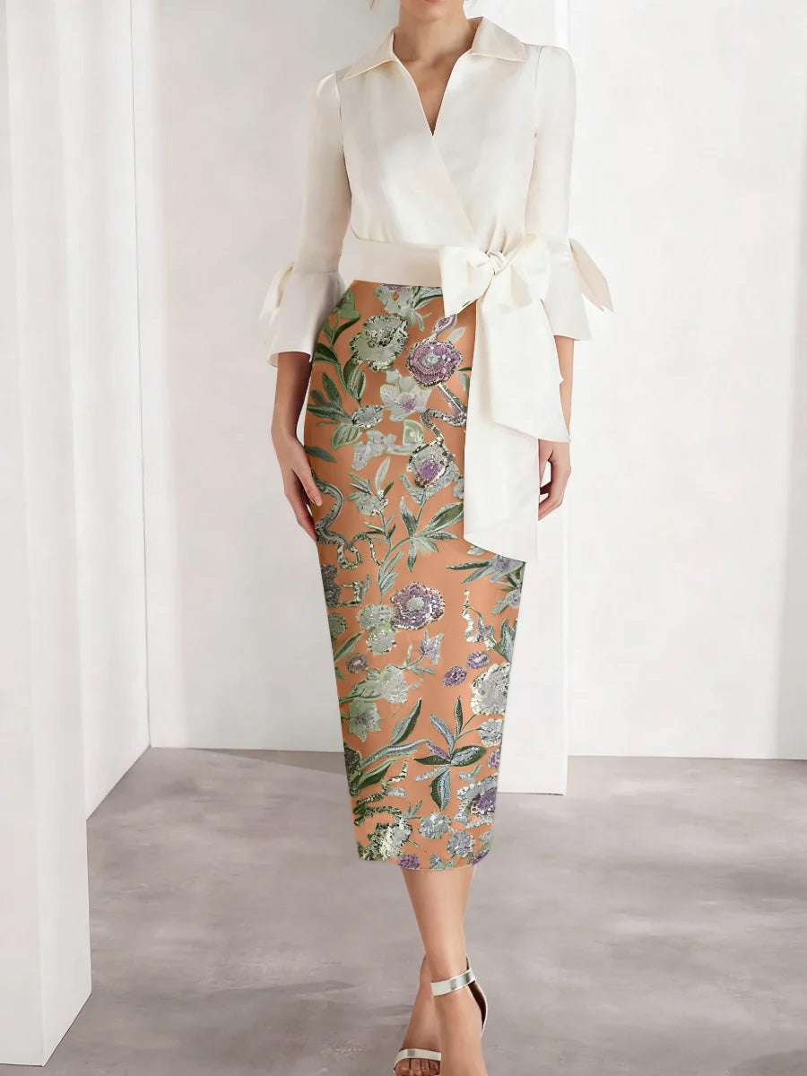 Sheath/Column V-Neck Satin Mother of the Bride Dresses 3/4 Sleeves Shirt Collar Tea-Length Cocktail Dresses