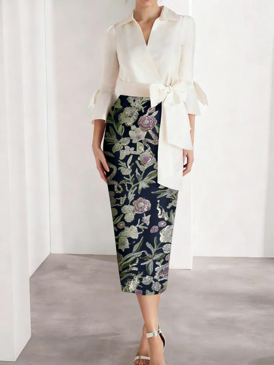 Sheath/Column V-Neck Satin Mother of the Bride Dresses 3/4 Sleeves Shirt Collar Tea-Length Cocktail Dresses