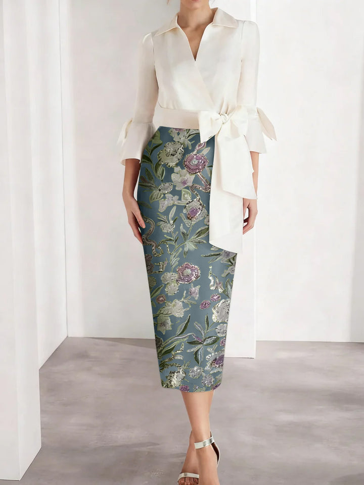 Sheath/Column V-Neck Satin Mother of the Bride Dresses 3/4 Sleeves Shirt Collar Tea-Length Cocktail Dresses