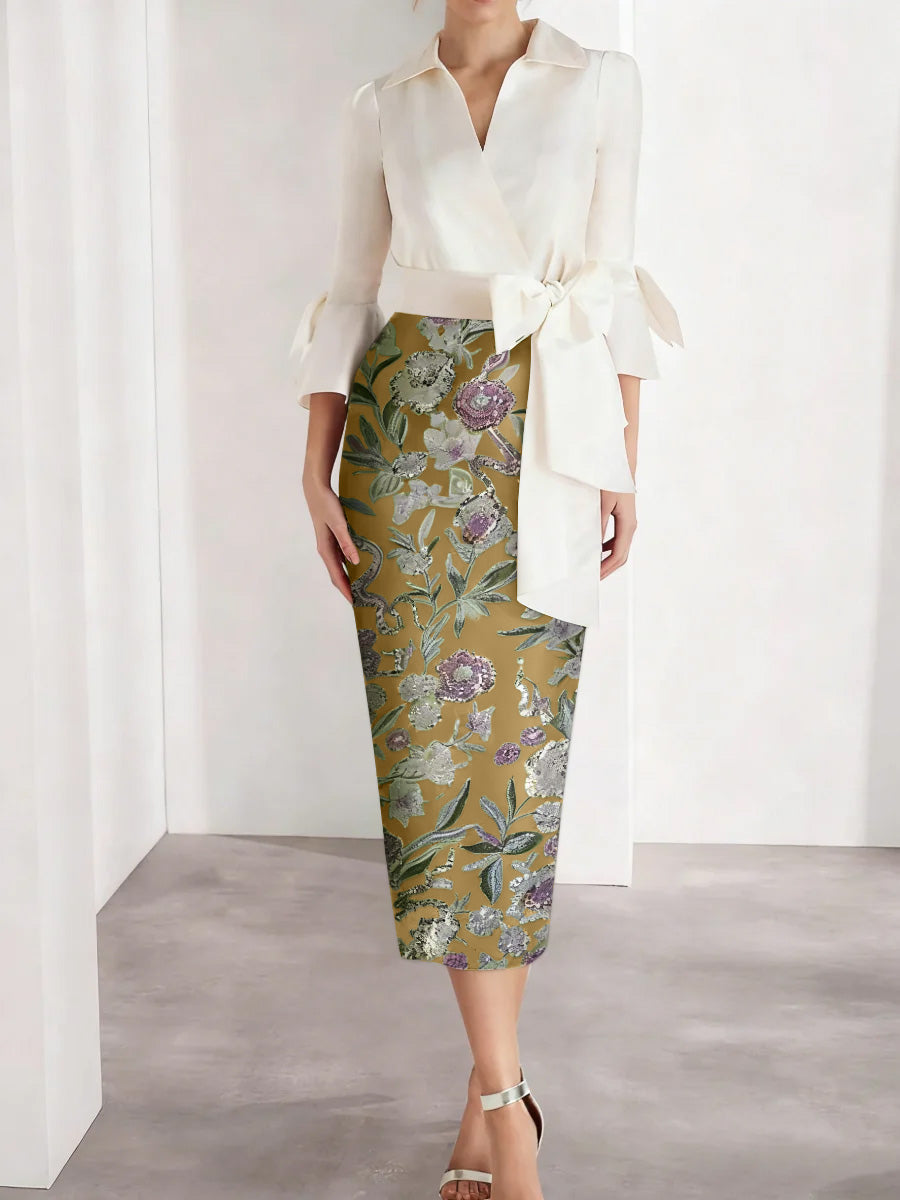 Sheath/Column V-Neck Satin Mother of the Bride Dresses 3/4 Sleeves Shirt Collar Floral Tea-Length Cocktail Dresses