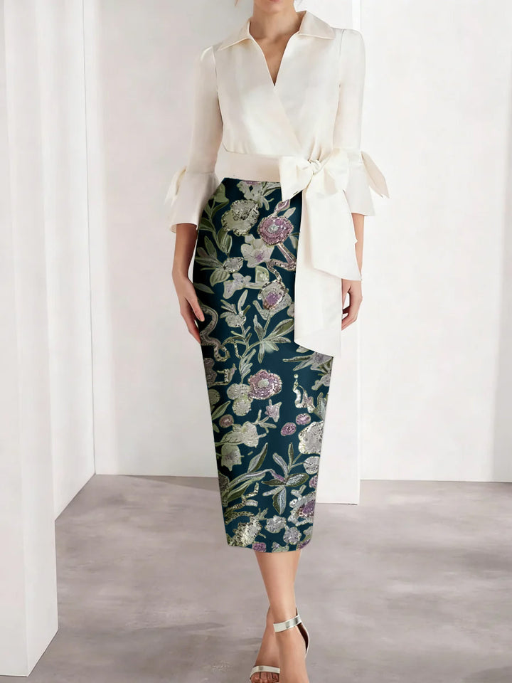 Sheath/Column V-Neck Satin Mother of the Bride Dresses 3/4 Sleeves Shirt Collar Tea-Length Cocktail Dresses