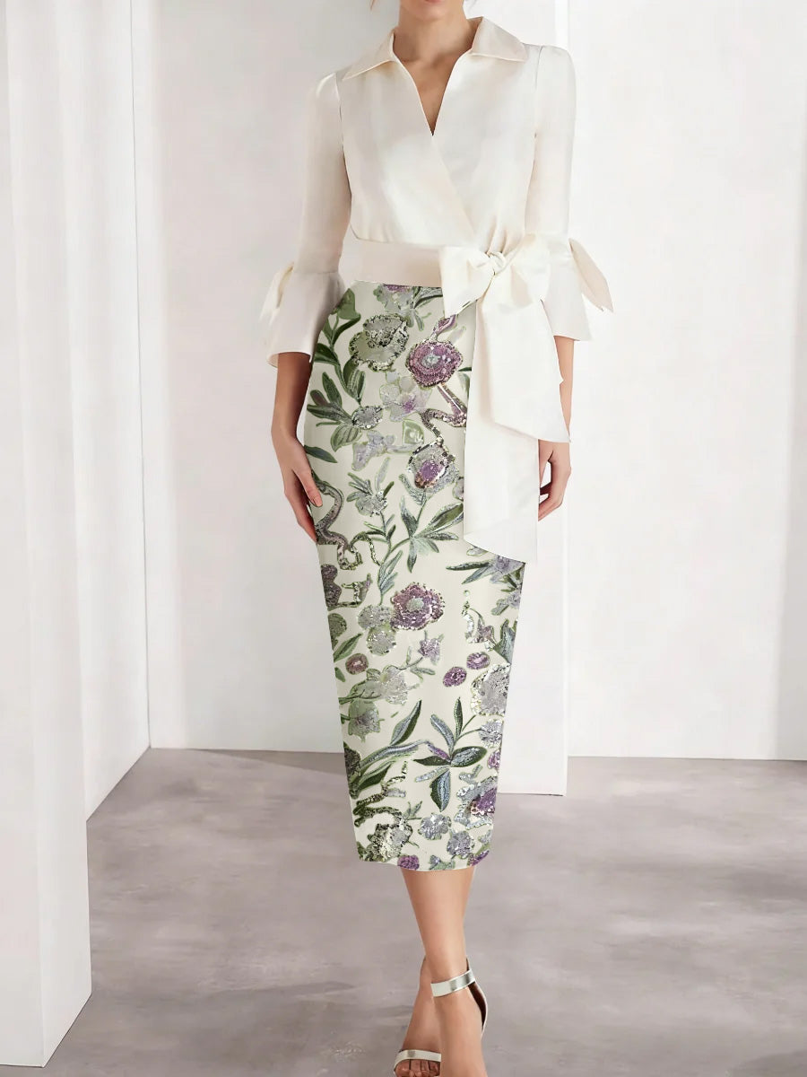 Sheath/Column V-Neck Satin Mother of the Bride Dresses 3/4 Sleeves Shirt Collar Tea-Length Cocktail Dresses