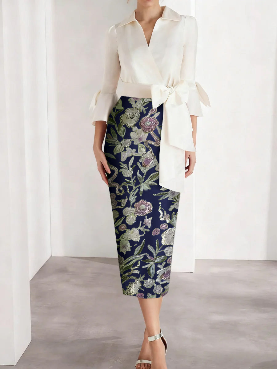 Sheath/Column V-Neck Satin Mother of the Bride Dresses 3/4 Sleeves Shirt Collar Floral Tea-Length Cocktail Dresses