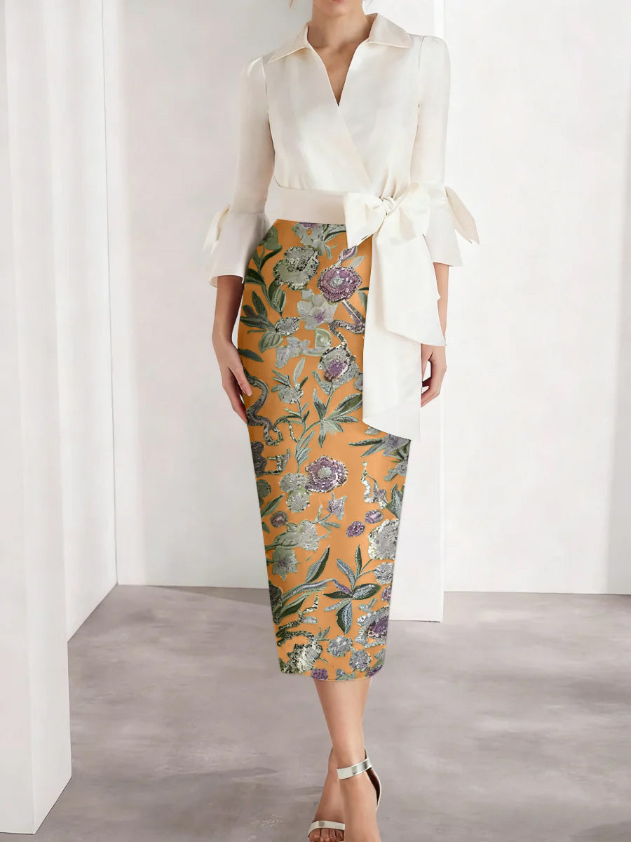 Sheath/Column V-Neck Satin Mother of the Bride Dresses 3/4 Sleeves Shirt Collar Tea-Length Cocktail Dresses