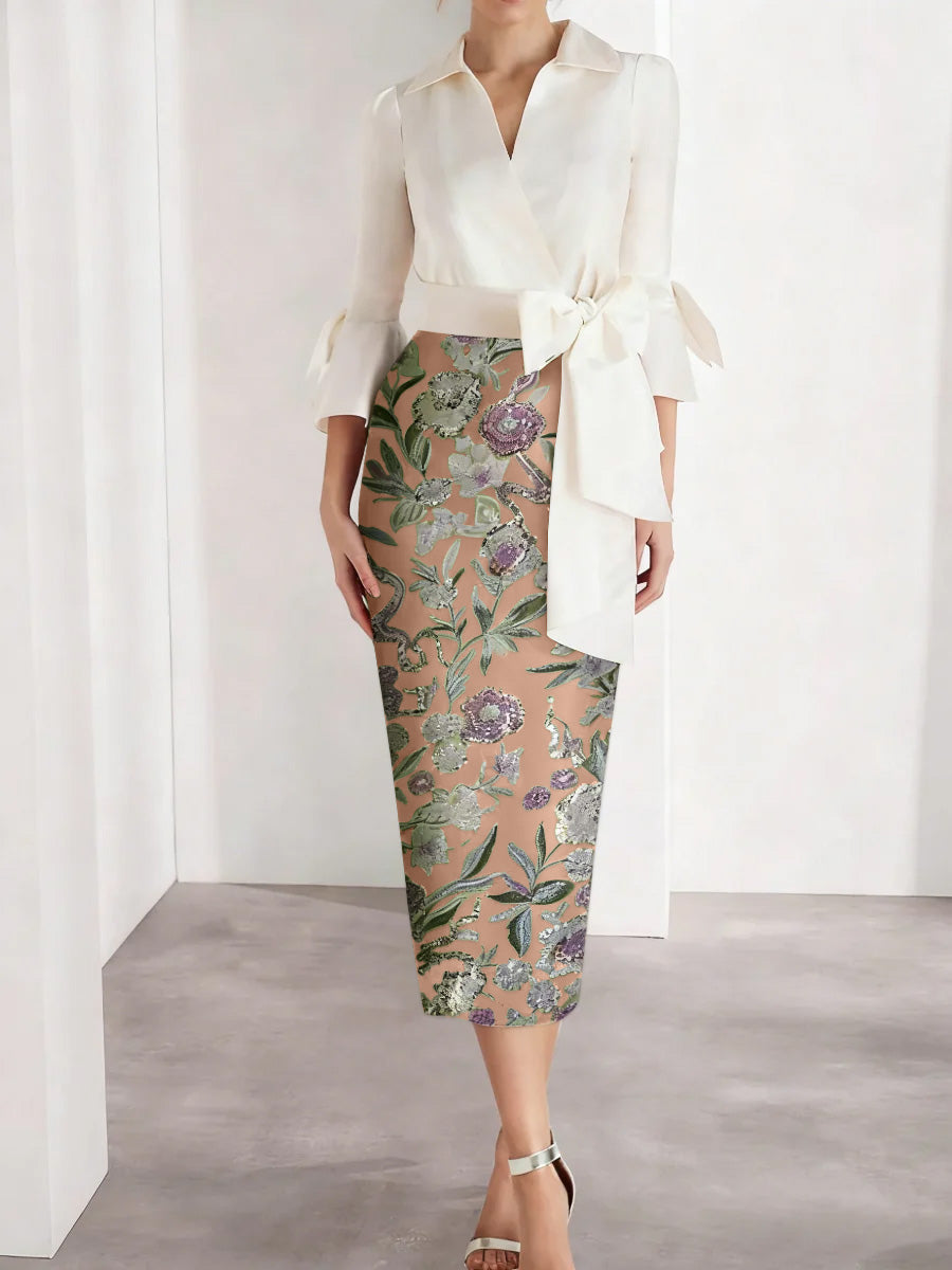 Sheath/Column V-Neck Satin Mother of the Bride Dresses 3/4 Sleeves Shirt Collar Tea-Length Cocktail Dresses