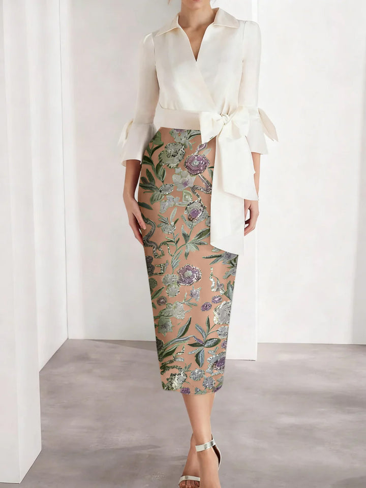 Sheath/Column V-Neck Satin Mother of the Bride Dresses 3/4 Sleeves Shirt Collar Tea-Length Cocktail Dresses