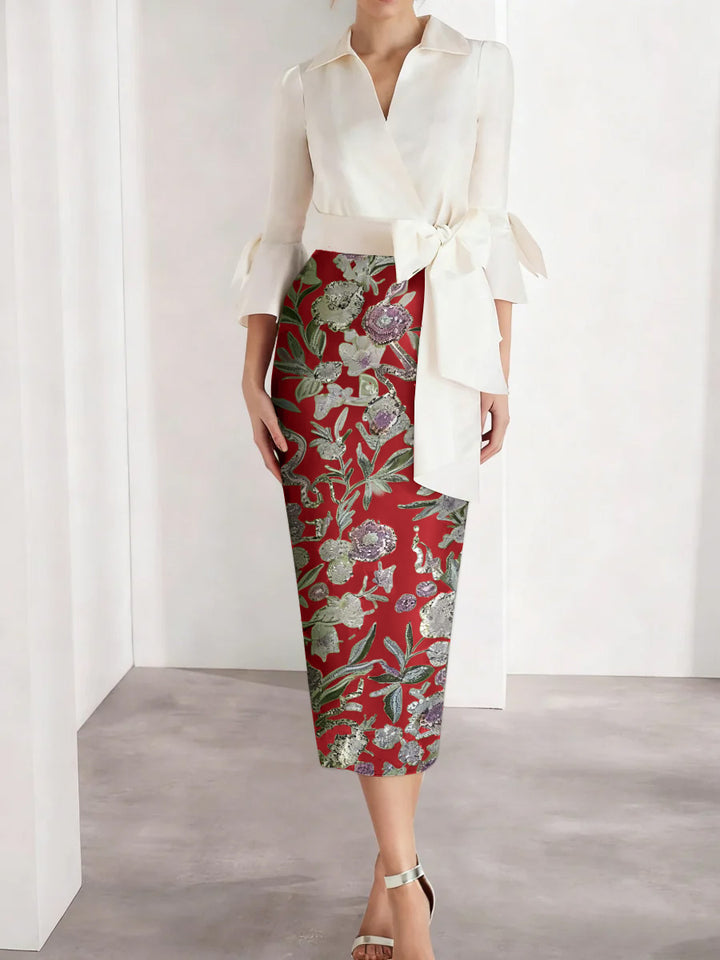 Sheath/Column V-Neck Satin Mother of the Bride Dresses 3/4 Sleeves Shirt Collar Tea-Length Cocktail Dresses