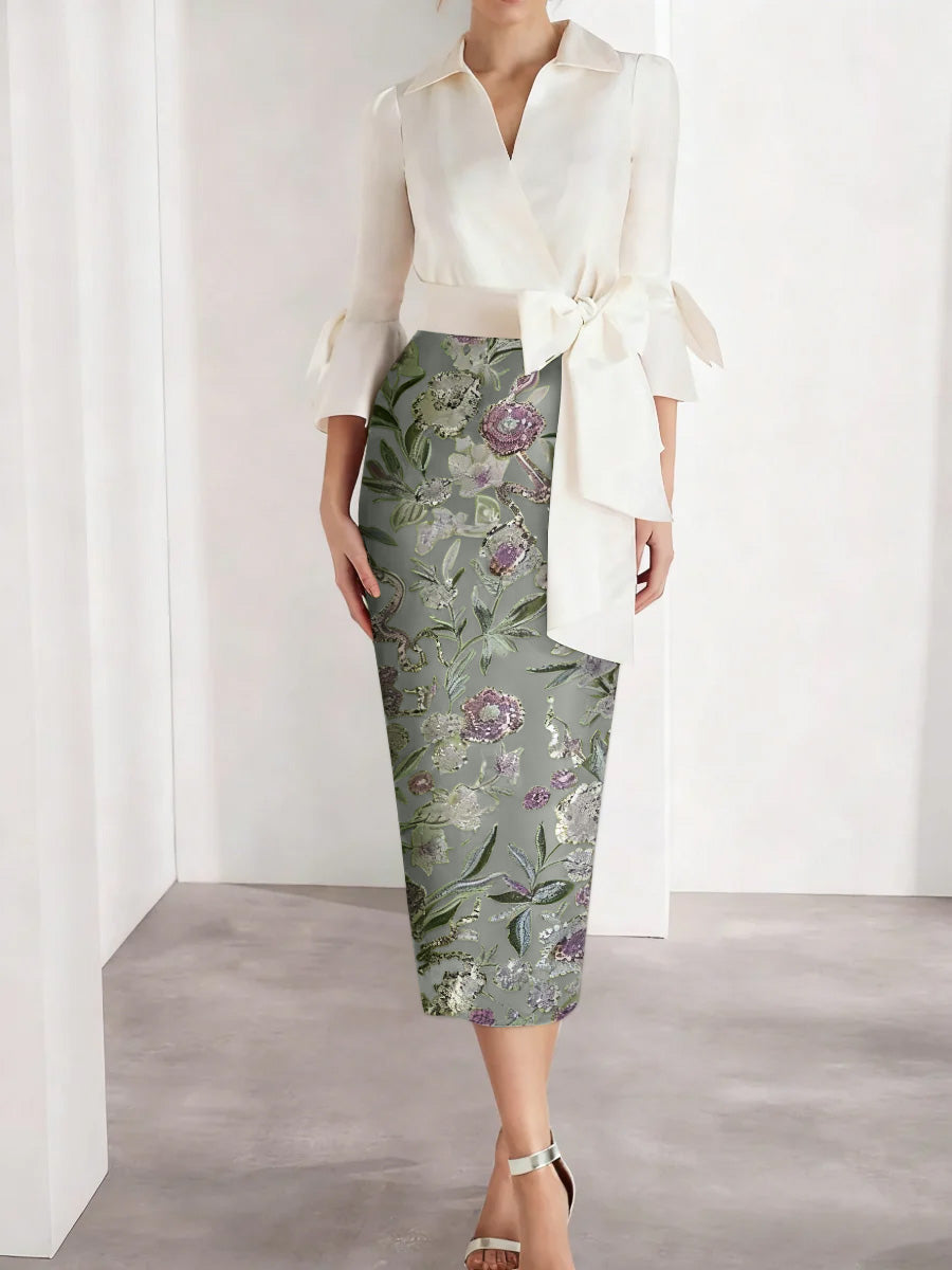 Sheath/Column V-Neck Satin Mother of the Bride Dresses 3/4 Sleeves Shirt Collar Floral Tea-Length Cocktail Dresses
