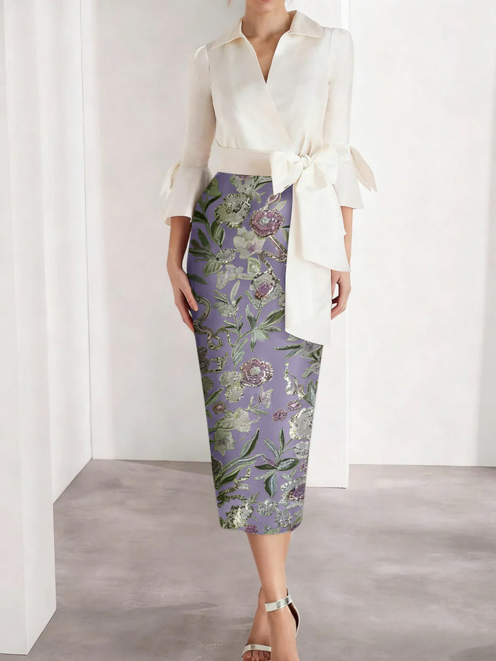 Sheath/Column V-Neck Satin Mother of the Bride Dresses 3/4 Sleeves Shirt Collar Tea-Length Cocktail Dresses