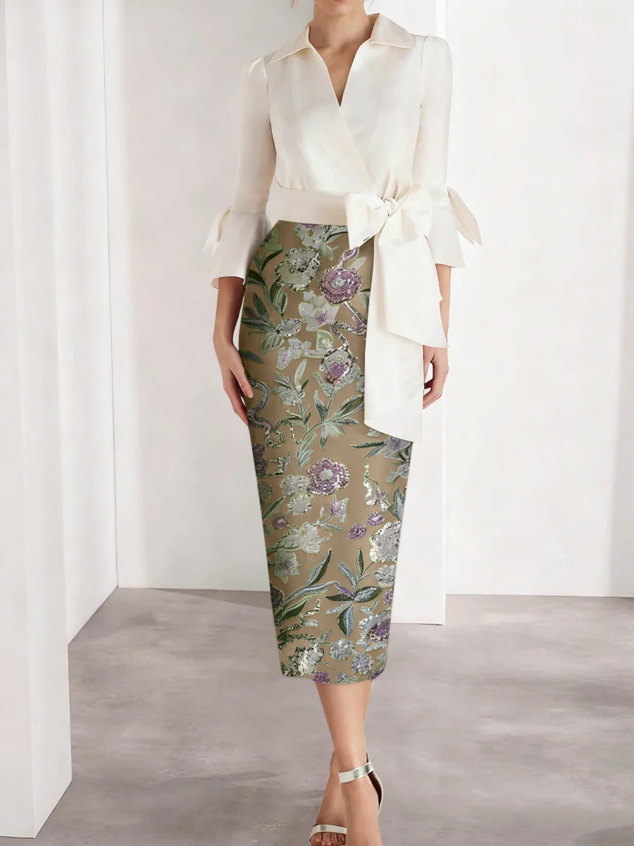 Sheath/Column V-Neck Satin Mother of the Bride Dresses 3/4 Sleeves Shirt Collar Floral Tea-Length Cocktail Dresses