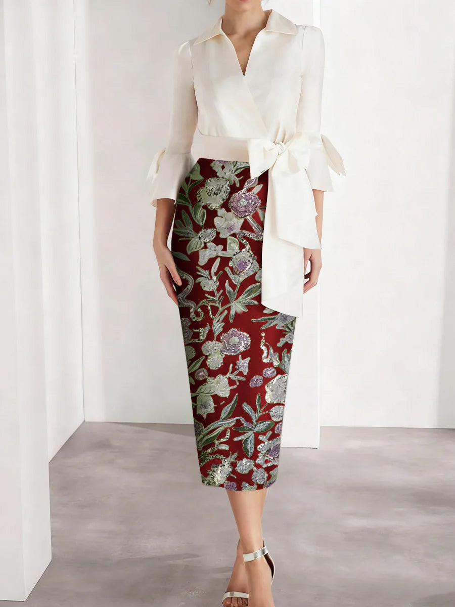 Sheath/Column V-Neck Satin Mother of the Bride Dresses 3/4 Sleeves Shirt Collar Tea-Length Cocktail Dresses