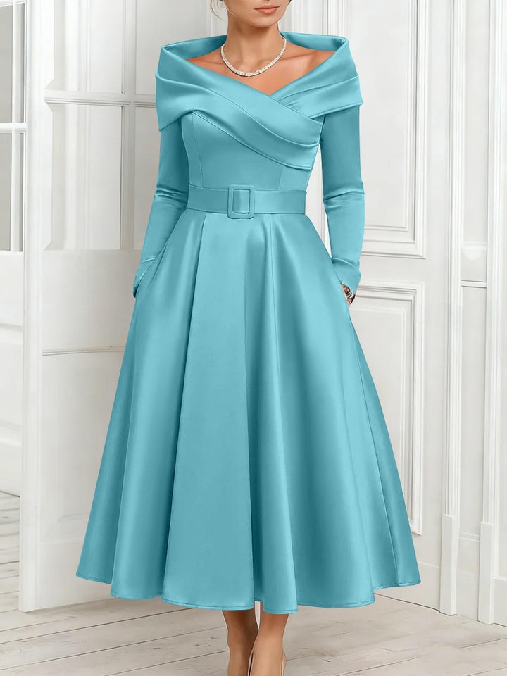 A-Line/Princess Off-the-Shoulder Mother of the Bride Dresses Stretch Satin Belt Ankle-Length Long Sleeves