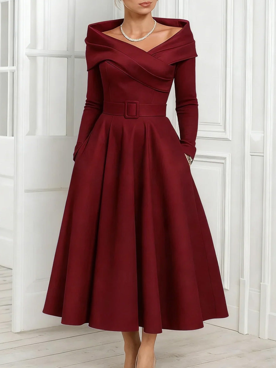 A-Line/Princess Off-the-Shoulder Mother of the Bride Dresses Stretch Satin Belt Ankle-Length Long Sleeves