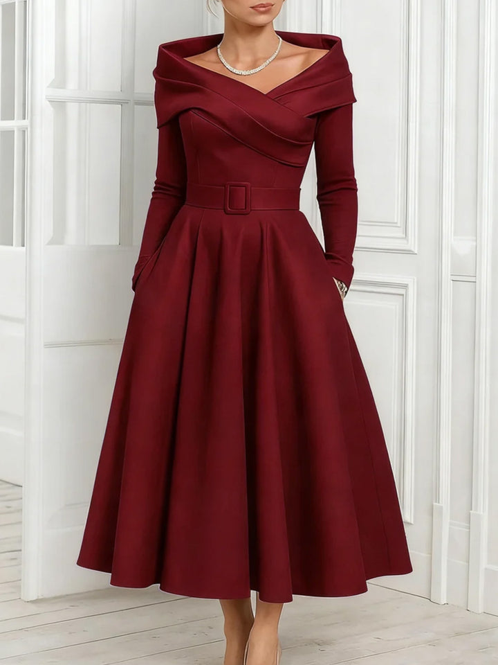 A-Line/Princess Off-the-Shoulder Mother of the Bride Dresses Stretch Satin Belt Ankle-Length Long Sleeves