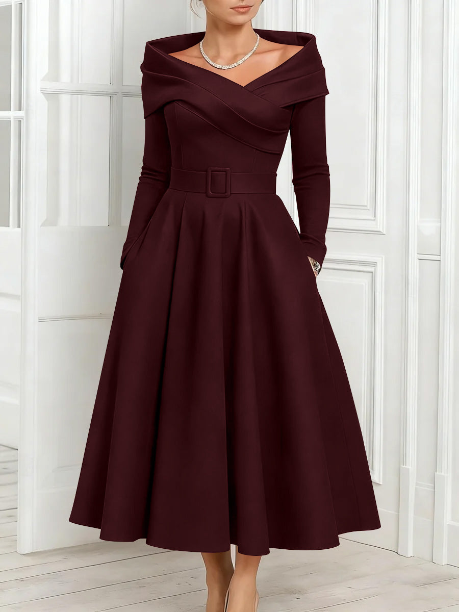 A-Line/Princess Off-the-Shoulder Mother of the Bride Dresses Stretch Satin Belt Ankle-Length Long Sleeves