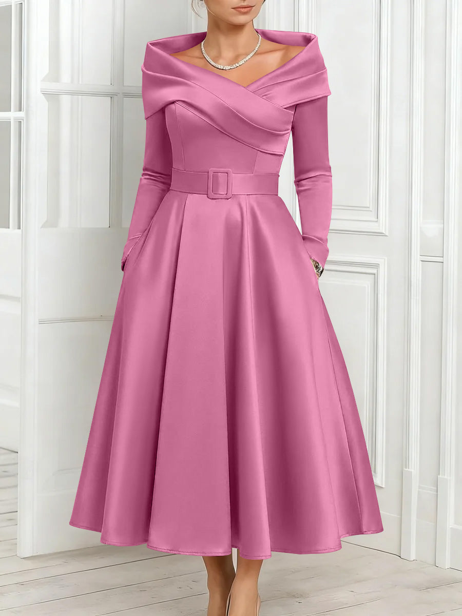 A-Line/Princess Off-the-Shoulder Mother of the Bride Dresses Stretch Satin Belt Ankle-Length Long Sleeves