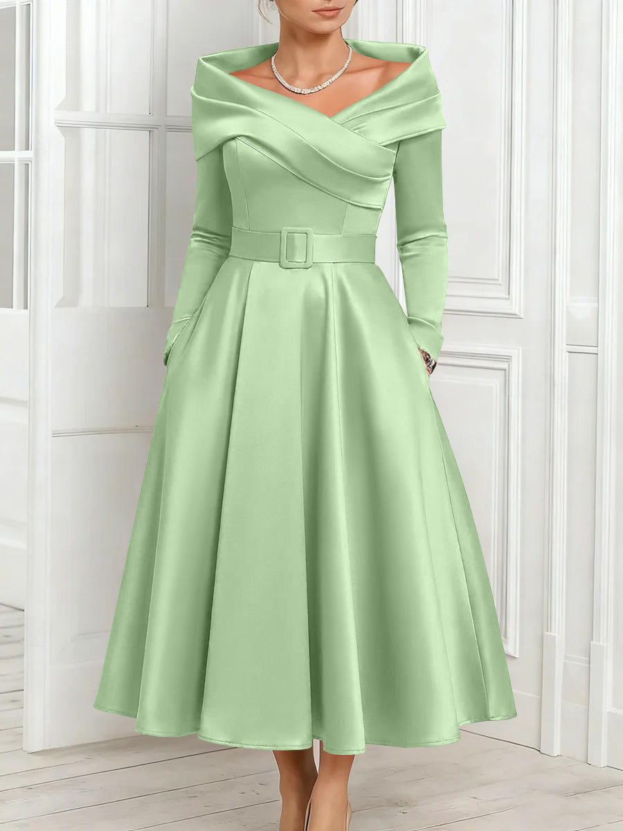 A-Line/Princess Off-the-Shoulder Mother of the Bride Dresses Stretch Satin Belt Ankle-Length Long Sleeves