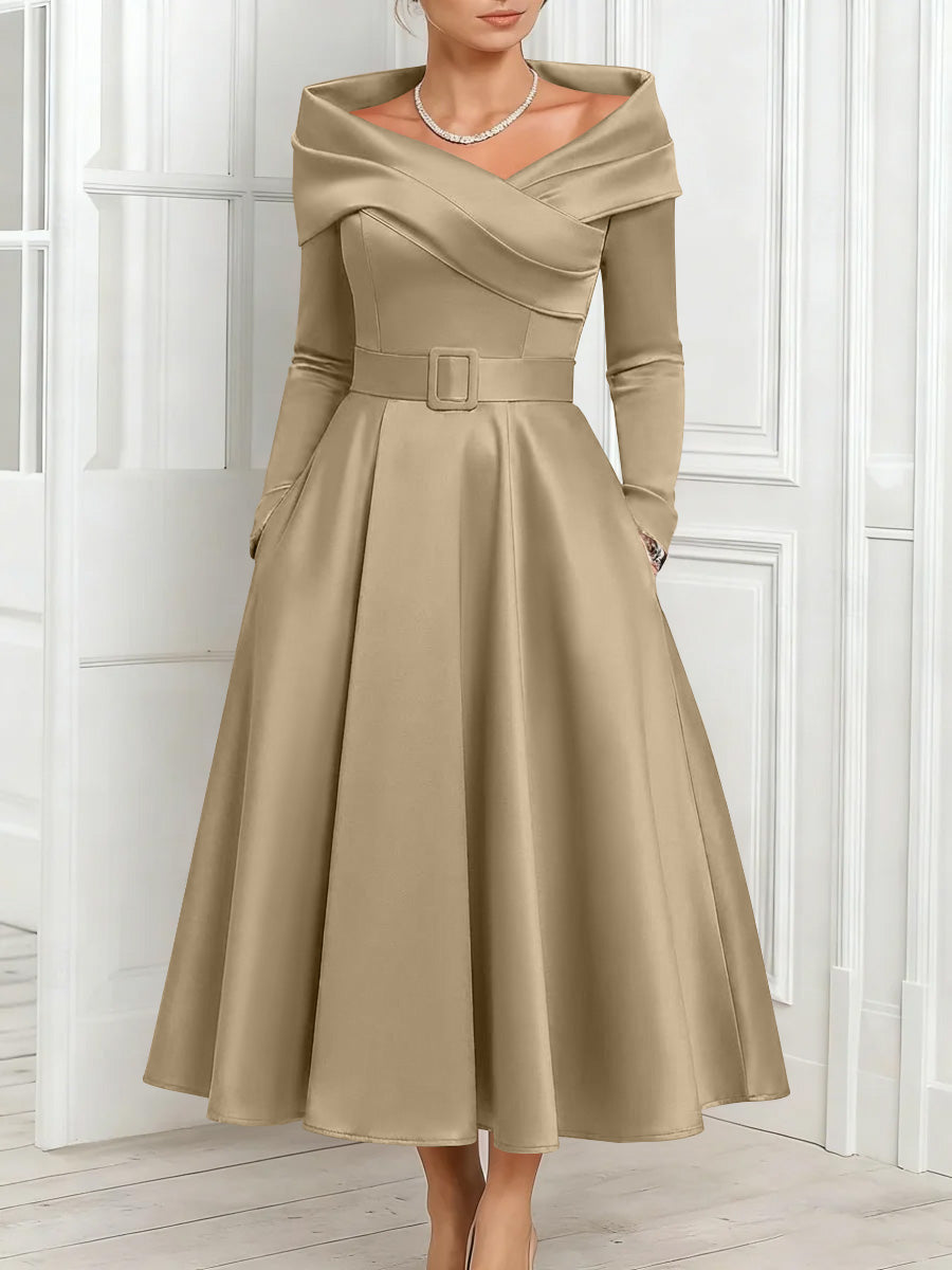 A-Line/Princess Off-the-Shoulder Mother of the Bride Dresses Stretch Satin Belt Ankle-Length Long Sleeves