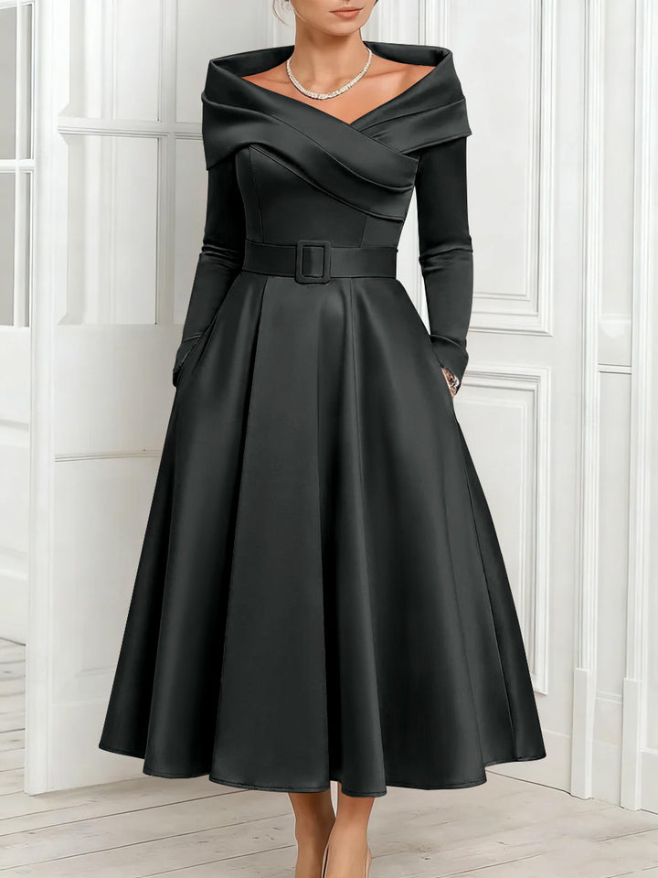 A-Line/Princess Off-the-Shoulder Mother of the Bride Dresses Stretch Satin Belt Ankle-Length Long Sleeves