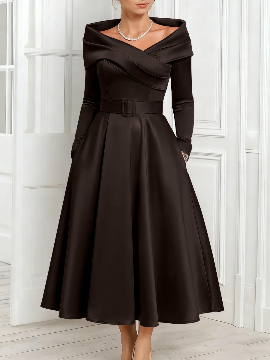 A-Line/Princess Off-the-Shoulder Mother of the Bride Dresses Stretch Satin Belt Ankle-Length Long Sleeves